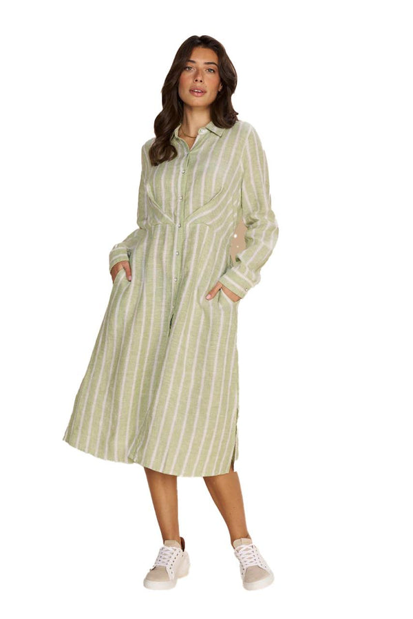 Mos Mosh | Korina Striped Linen Dress | Smoke Green