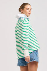 EST. 1971 | Rugby Frill Collar Cotton Sweatshirt | Green Stripe