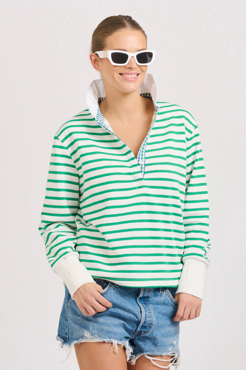 EST. 1971 | Rugby Frill Collar Cotton Sweatshirt | Green Stripe