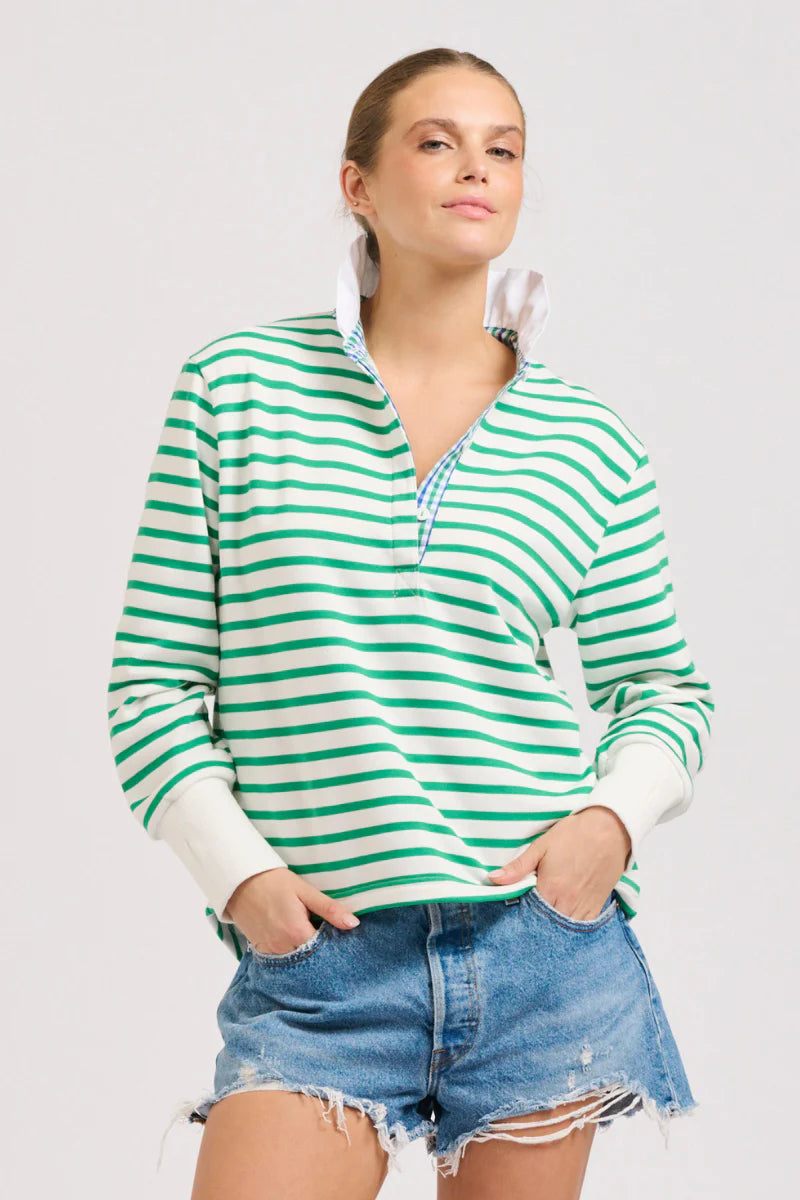 EST. 1971 | Rugby Frill Collar Cotton Sweatshirt | Green Stripe