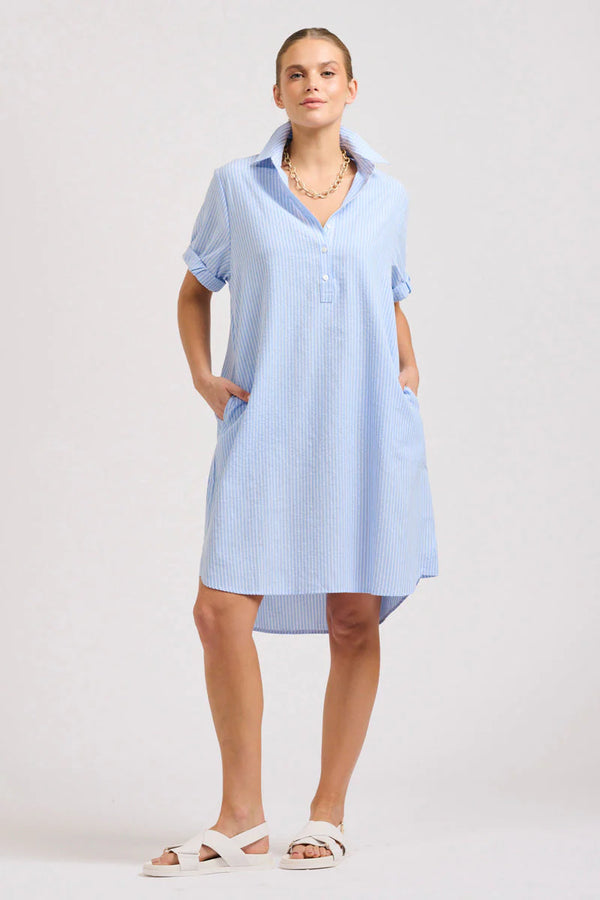 Shirty | The Katie Short Sleeve Popover Shirtdress | Mid Blue Stripe