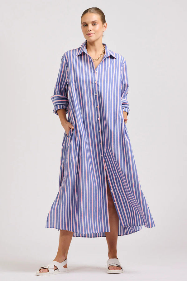 Shirty | The Luna Oversized Linen Long Shirtdress | Chambray Pink Stripe